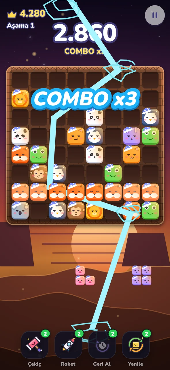 Block Crash oyun ekranı: hayvan blokları ve COMBO x3 şimşeği